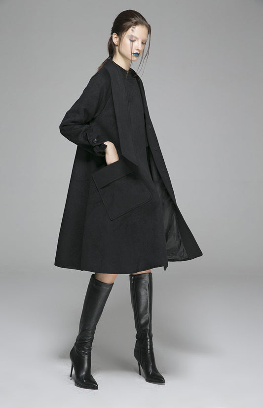 Handmade Black Wool Coat – Oversized A-Line Winter Overcoat with Big Pockets | Xiaolizi 1372