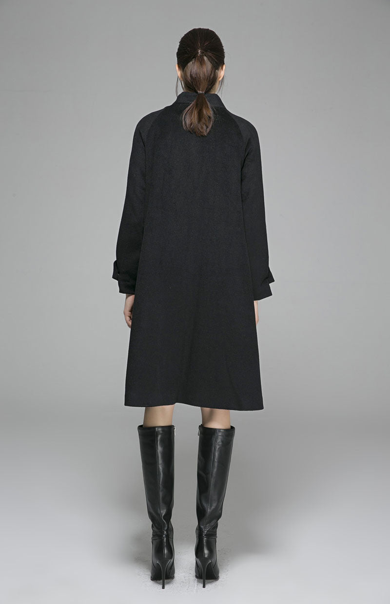 Handmade Black Wool Coat – Oversized A-Line Winter Overcoat with Big Pockets | Xiaolizi 1372