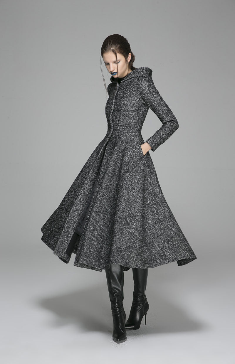 Gray Hooded Wool Swing Coat – Elegant Fit & Flare Winter Coat | Xiaolizi 1374