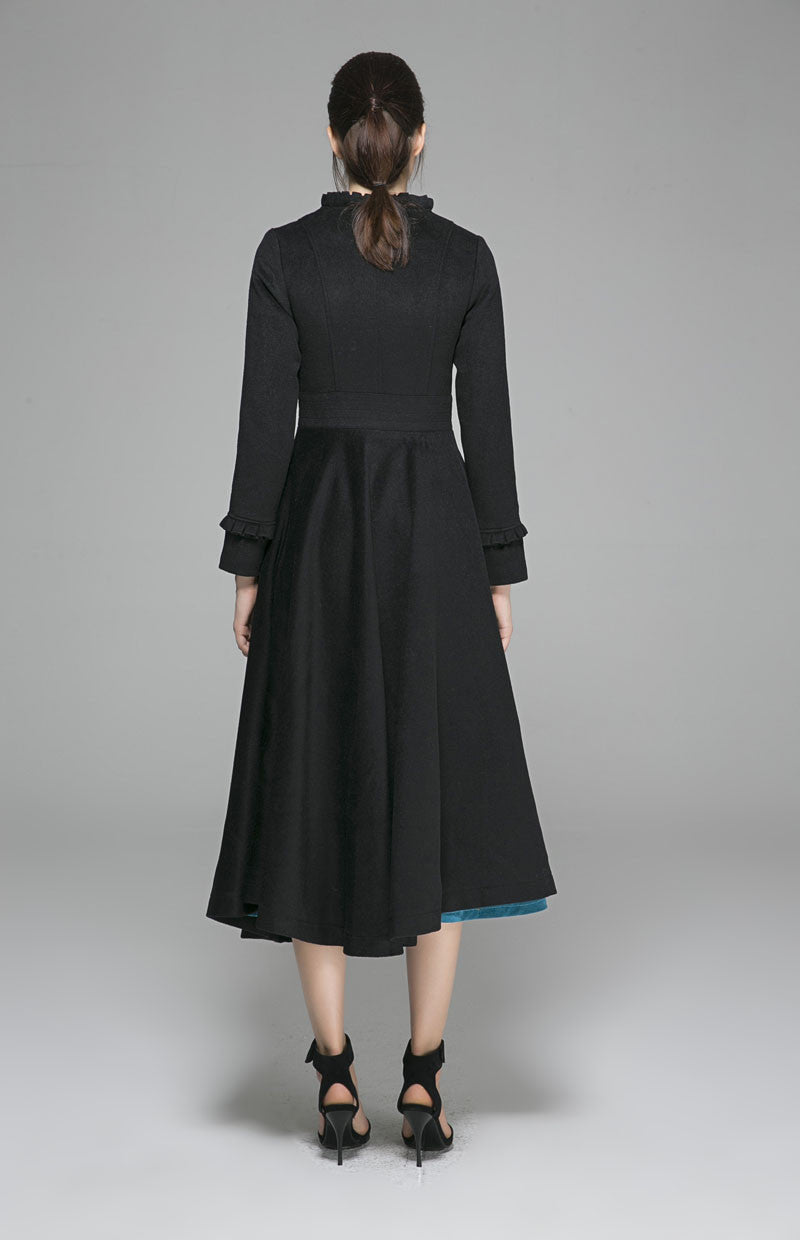 Black Wool Fit & Flare Winter Coat – Houndstooth Bodice & Full Skirt 1375