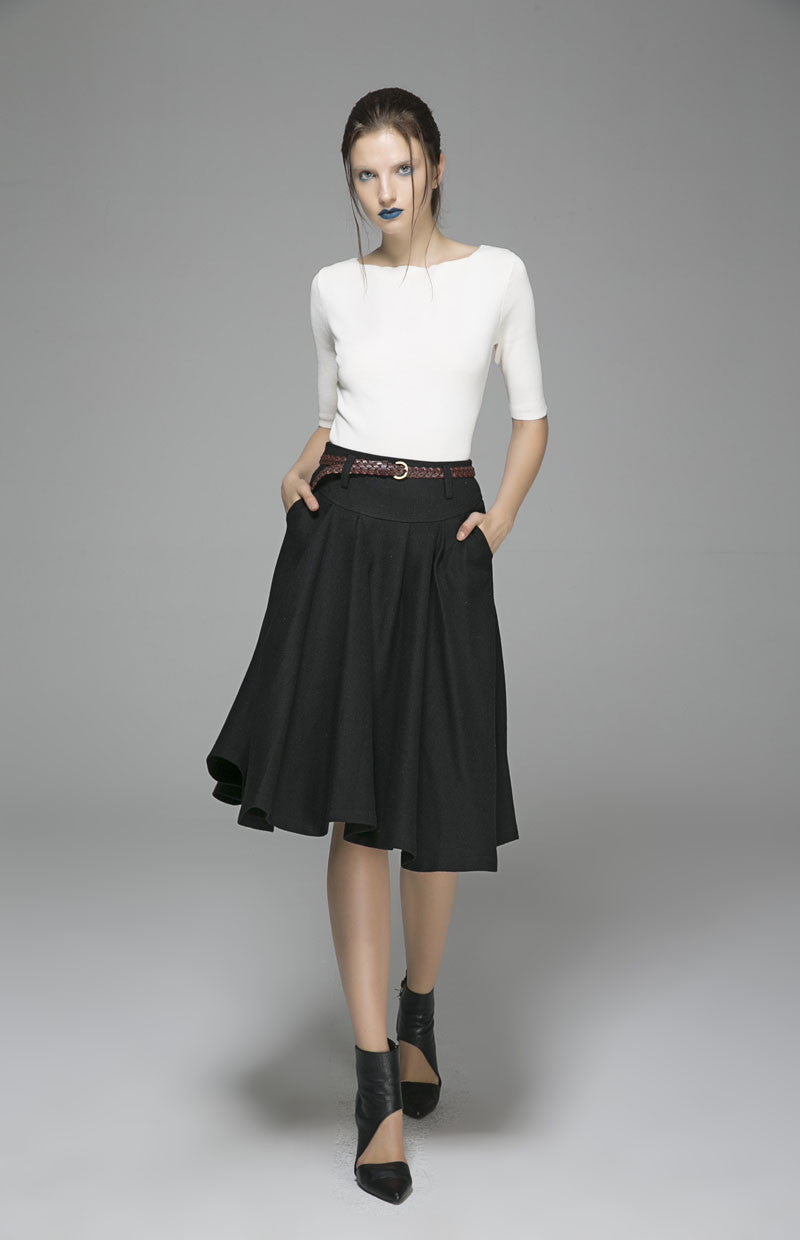 Black Wool Midi Skirt – Vintage High Waist Skirt with Pockets 1390