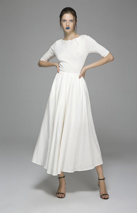 White Butterfly Linen Maxi Skirt - Elastic Waist Pockets | Xiaolizi 1392