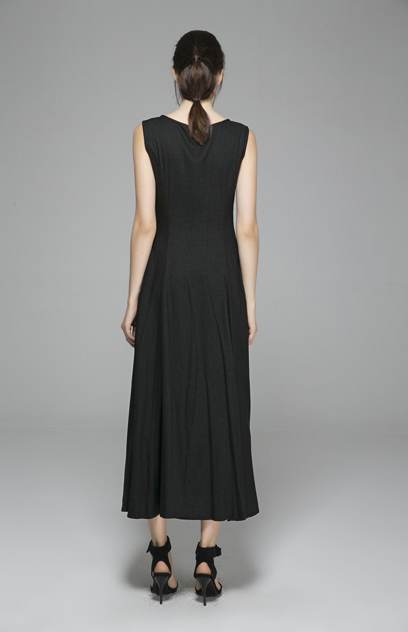 Black Linen Maxi Dress - Sleeveless Round Neck Formal | Xiaolizi 1395