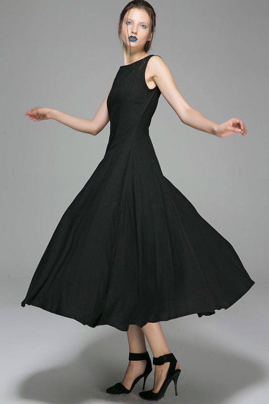 Black Linen Maxi Dress - Sleeveless Round Neck Formal | Xiaolizi 1395