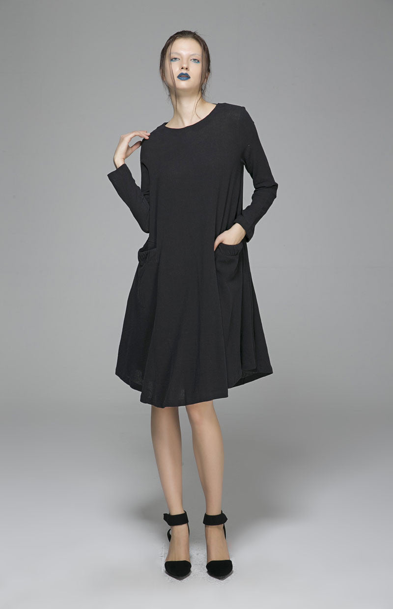 Black linen dress midi dress shirt dress 1399# Black linen dress midi dress shirt dress 1399#