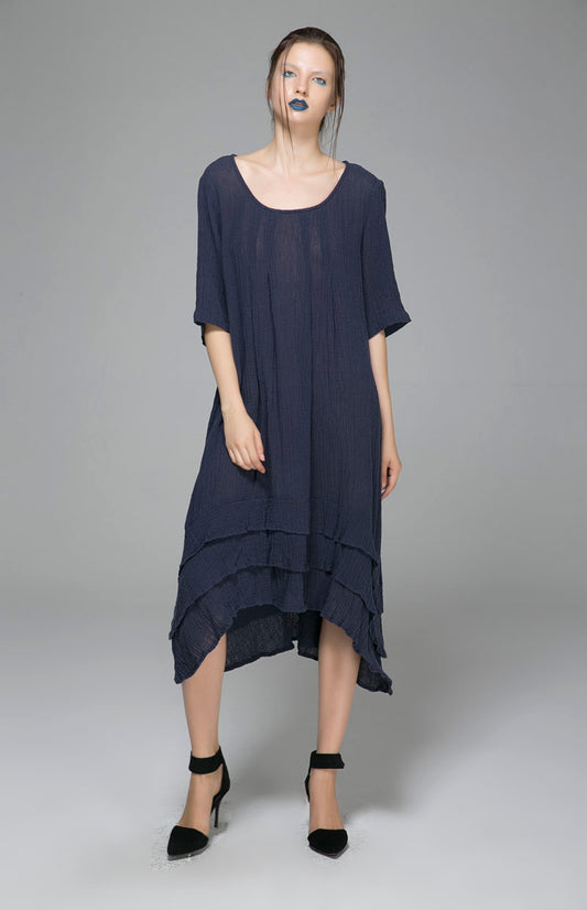 Linen Midi Dress – Loose Fit Retro Dress with Half Sleeves 1400