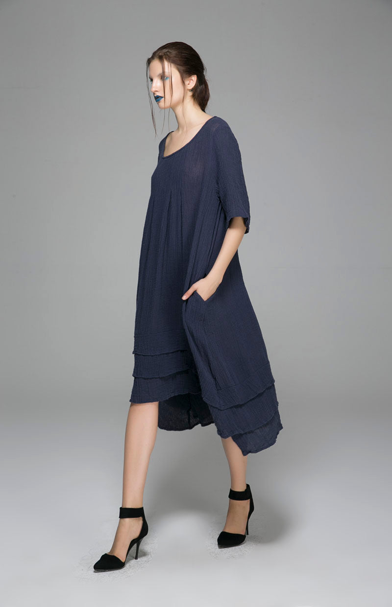 Linen Midi Dress – Loose Fit Retro Dress with Half Sleeves 1400