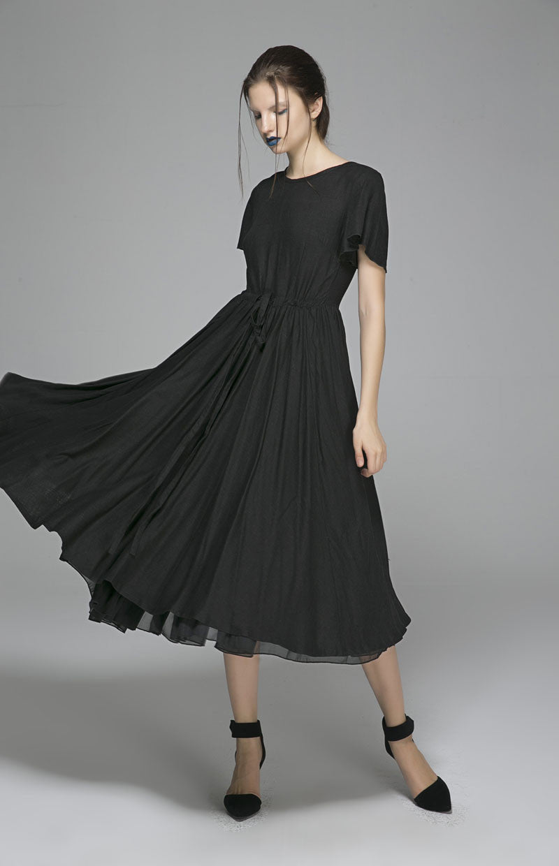 Handmade Black Linen Dress Adjustable Waist Minimalist Midi Dress | Xiaolizi1403 Black / L Handmade Black Linen Dress Adjustable Waist Minimalist Midi Dress | Xiaolizi1403 Black / L