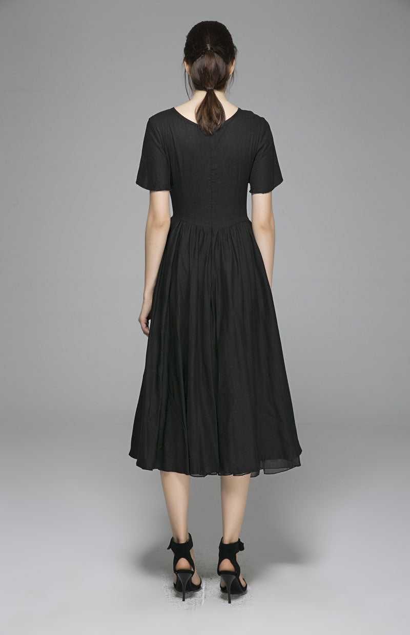 Handmade Black Linen Dress – Adjustable Waist Midi Dress for Women | Xiaolizi 1403