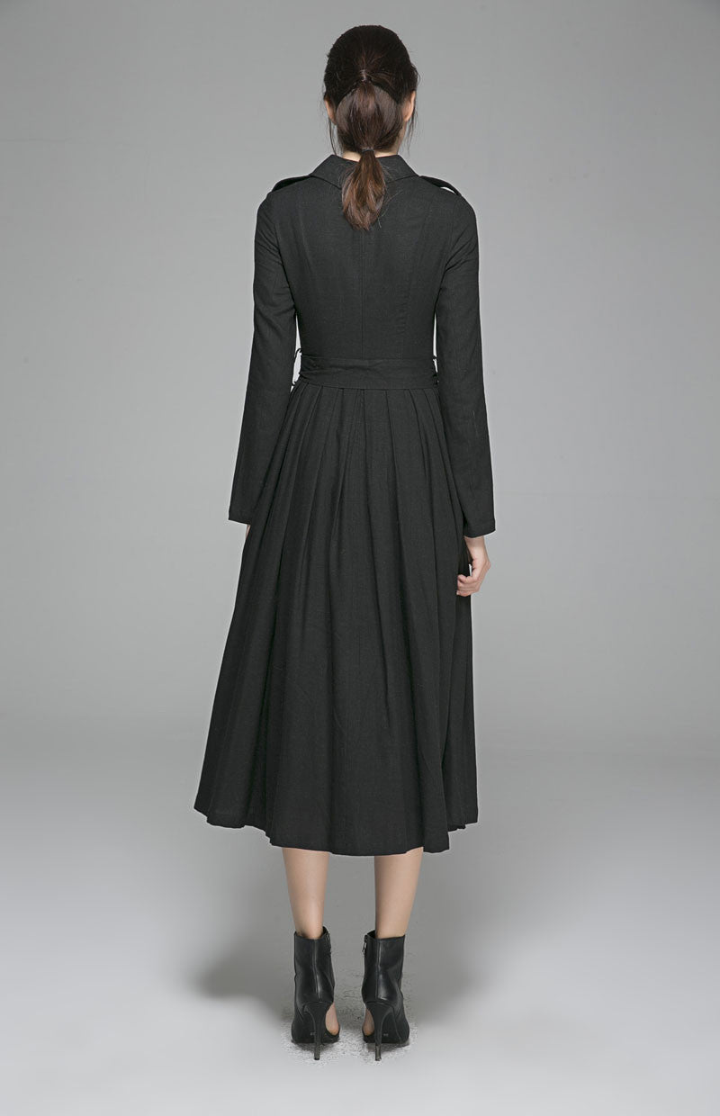 Black Linen Long Sleeve Dress - Double Breasted Midi | Xiaolizi 1405
