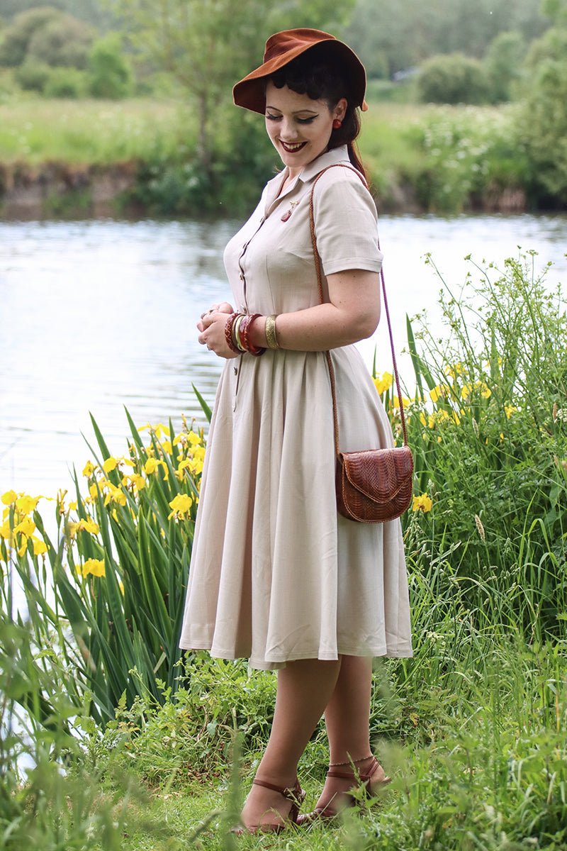 Short Sleeve Linen Midi Dress – Elegant Beige Retro Shirt Dress 3574