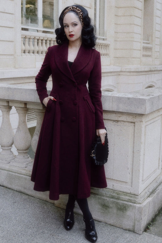 Handmade Burgundy Wool Swing Coat – Vintage Fit and Flare Double-Breasted Overcoat | Xiaolizi 4086