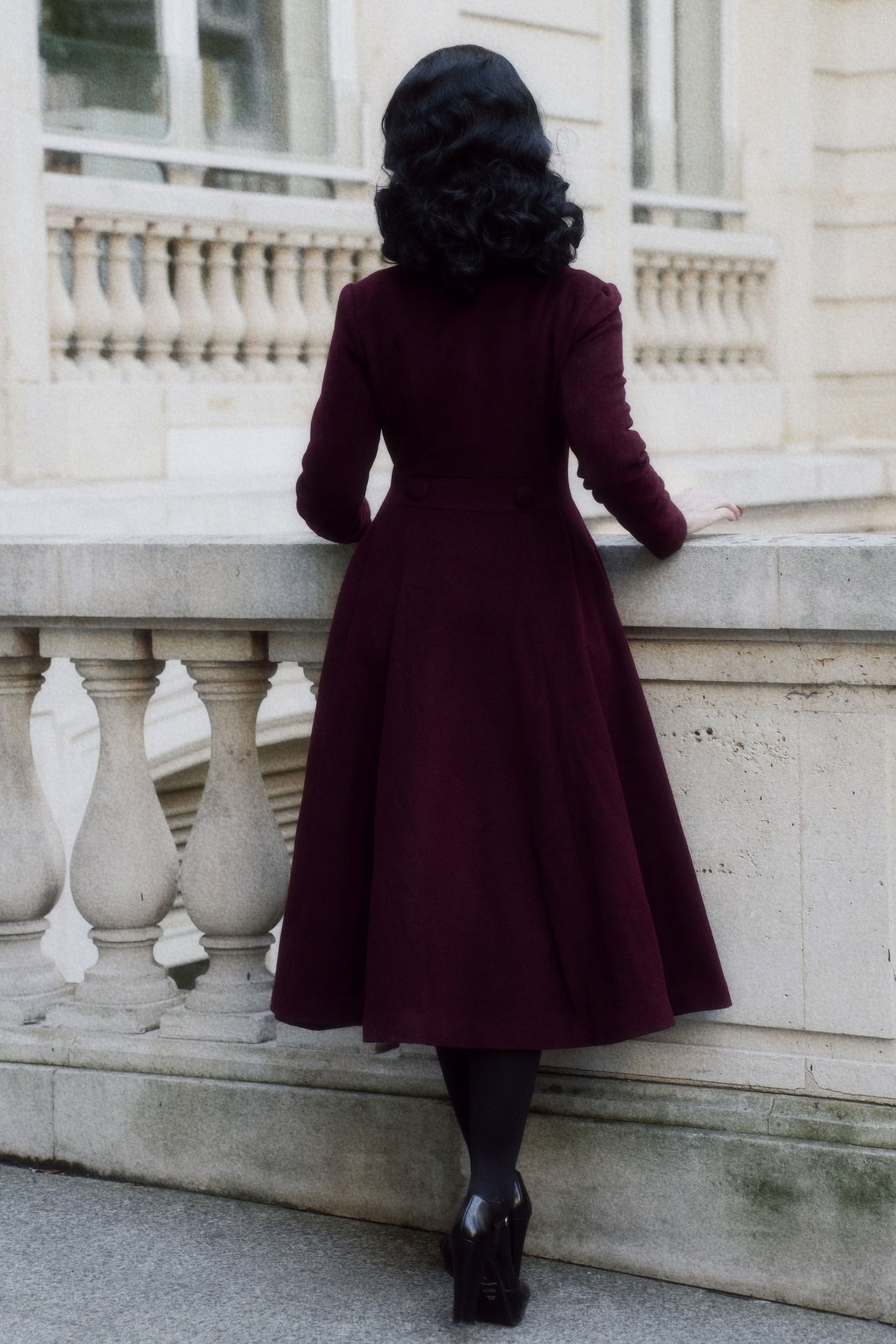 Handmade Burgundy Wool Swing Coat – Vintage Fit and Flare Double-Breasted Overcoat | Xiaolizi 4086