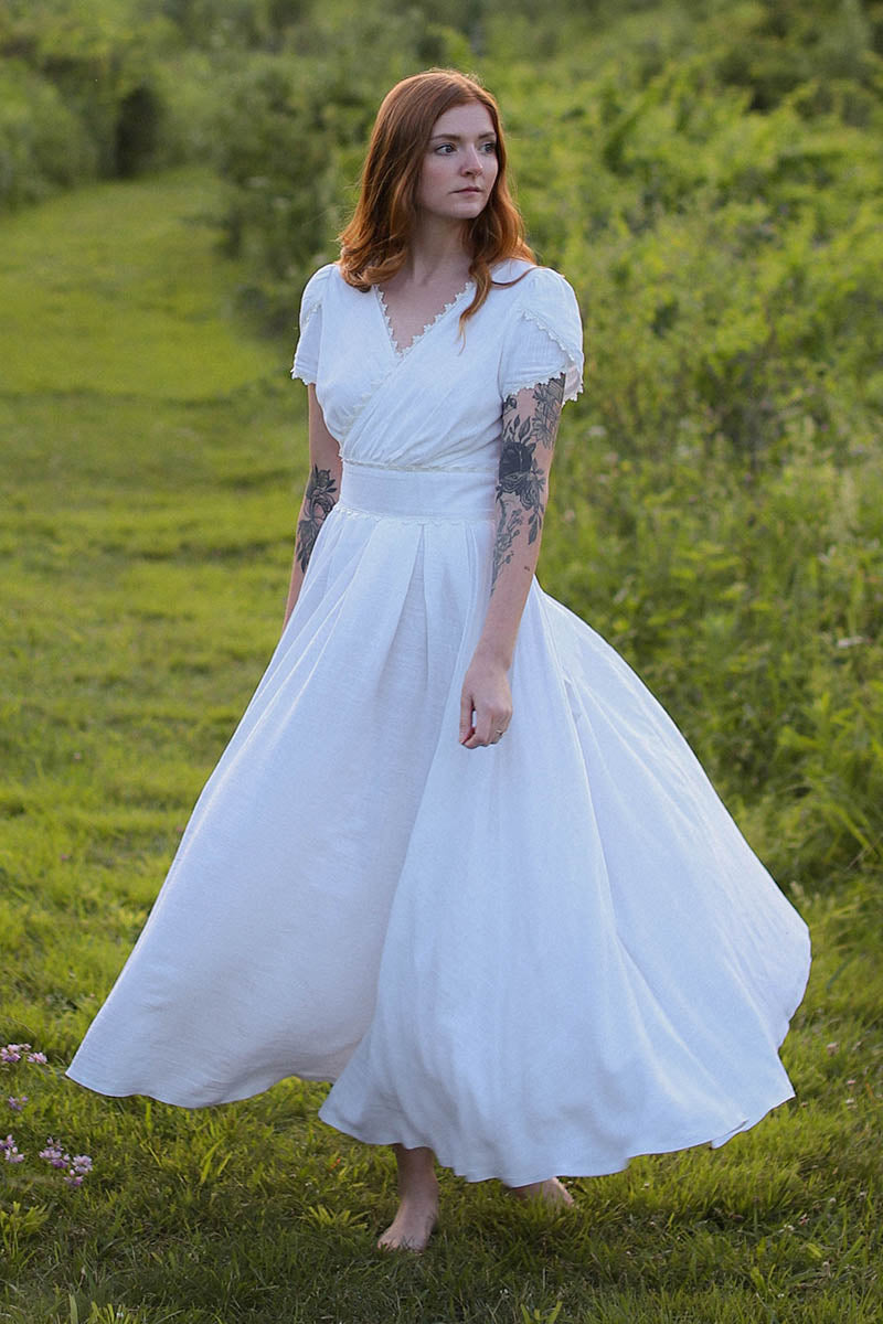 White Linen Maxi Dress with Lace Detail White Linen Maxi Dress with Lace Detail