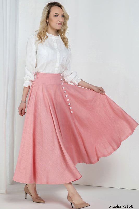 Pink Linen Midi Skirt - Swing Circle Silhouette with Front Buttons 2158