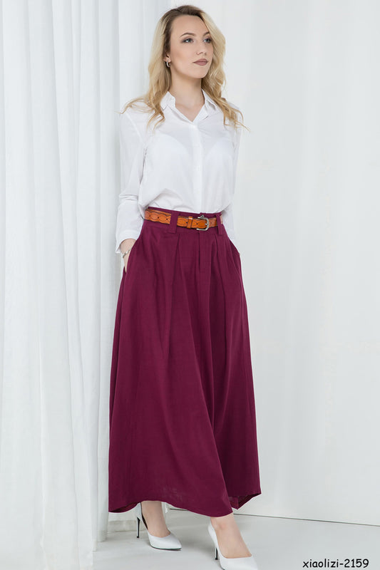 Handmade Linen Maxi Skirt – Wine Red Asymmetrical Long Skirt for Women | Xiaolizi 2159