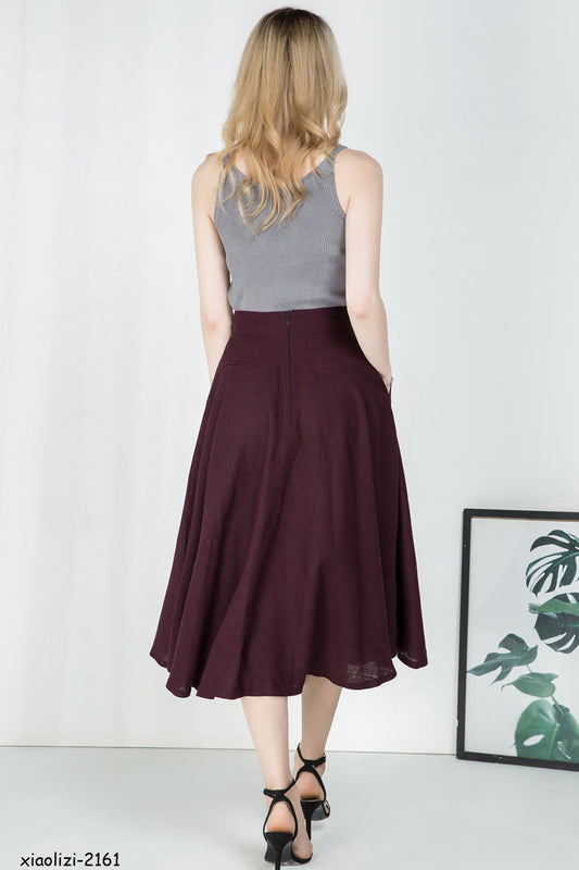 Burgundy Cotton Linen A-Line Midi Skirt - Flared Waist Detail 2161