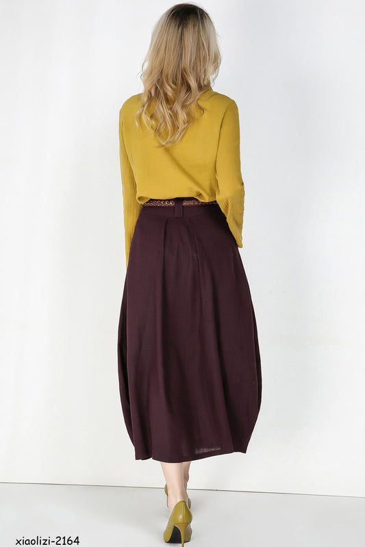 Burgundy Linen Cotton Midi Bubble Skirt - Pleated Waist with Pockets 2164