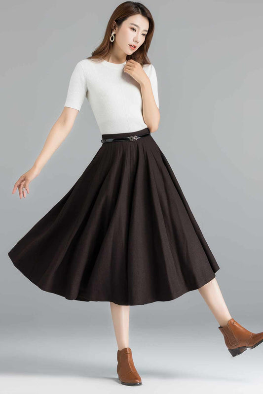 Handmade Coffee Wool Midi Skirt – 1950s Vintage Full Circle with Pockets 2397
