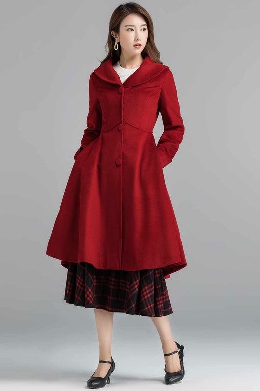 Red Wool Blend Knee-Length Coat - Fit and Flare, Small Lapel Collar 2400
