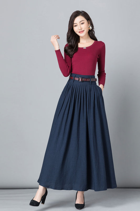 Blue Pleated Linen Maxi Skirt 2531#