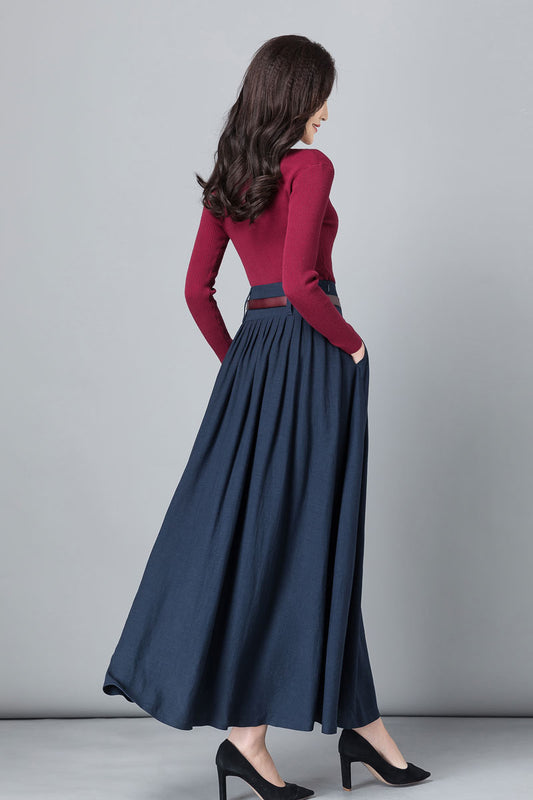 Blue Linen Cotton Pleated Maxi Skirt - High Waist | Xiaolizi 2531