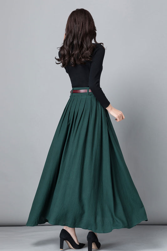 Green Linen Maxi Skirt - A-Line Pleated with Pockets 2536