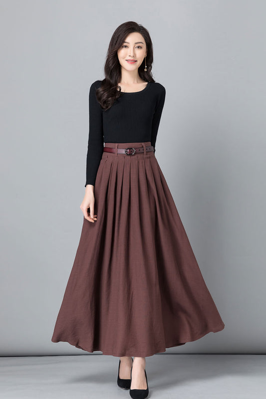 Brown A -Line Swing Pleated Linen Maxi Skirt 2539