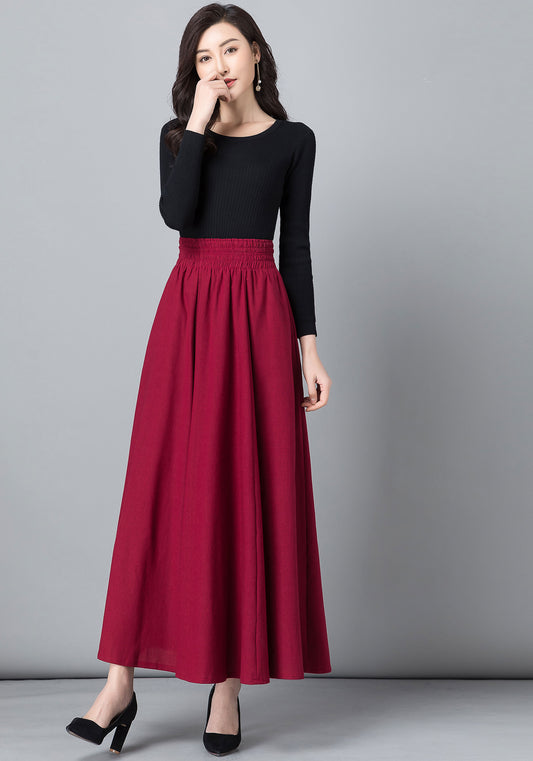 Red Long pleated Swing Skirt with pockets 2541#