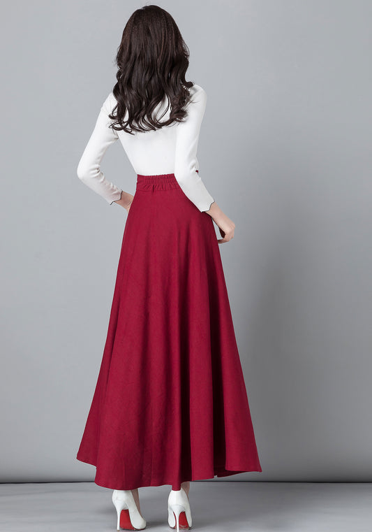Red Linen Cotton Maxi Skirt - High Waist A-Line with Pockets 2542