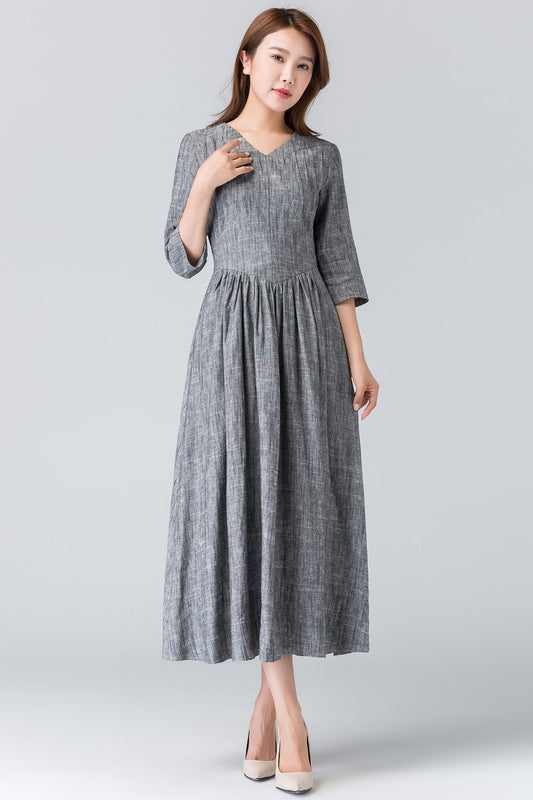 Handmade Gray Linen Midi Dress – V Neck Pleated Fit with 3/4 Sleeves 1909