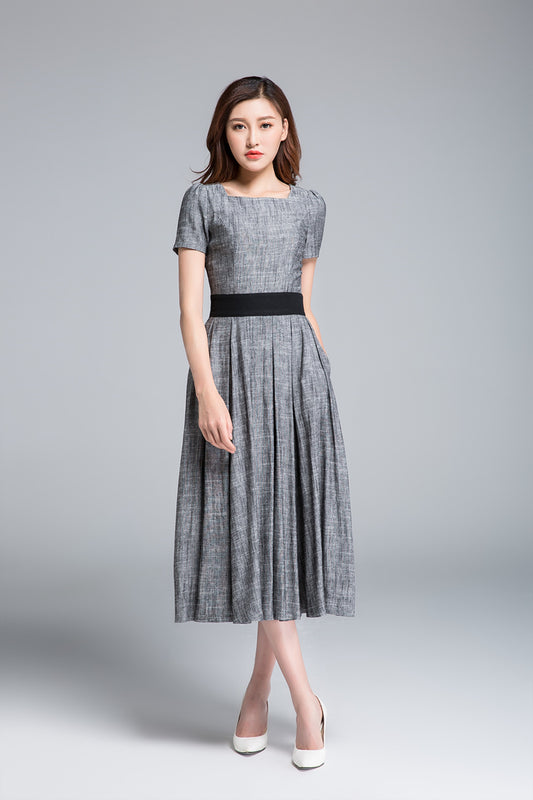 Handmade Gray Linen Midi Dress – Vintage Fit and Flare Dress with Black Waist | Xiaolizi 1762