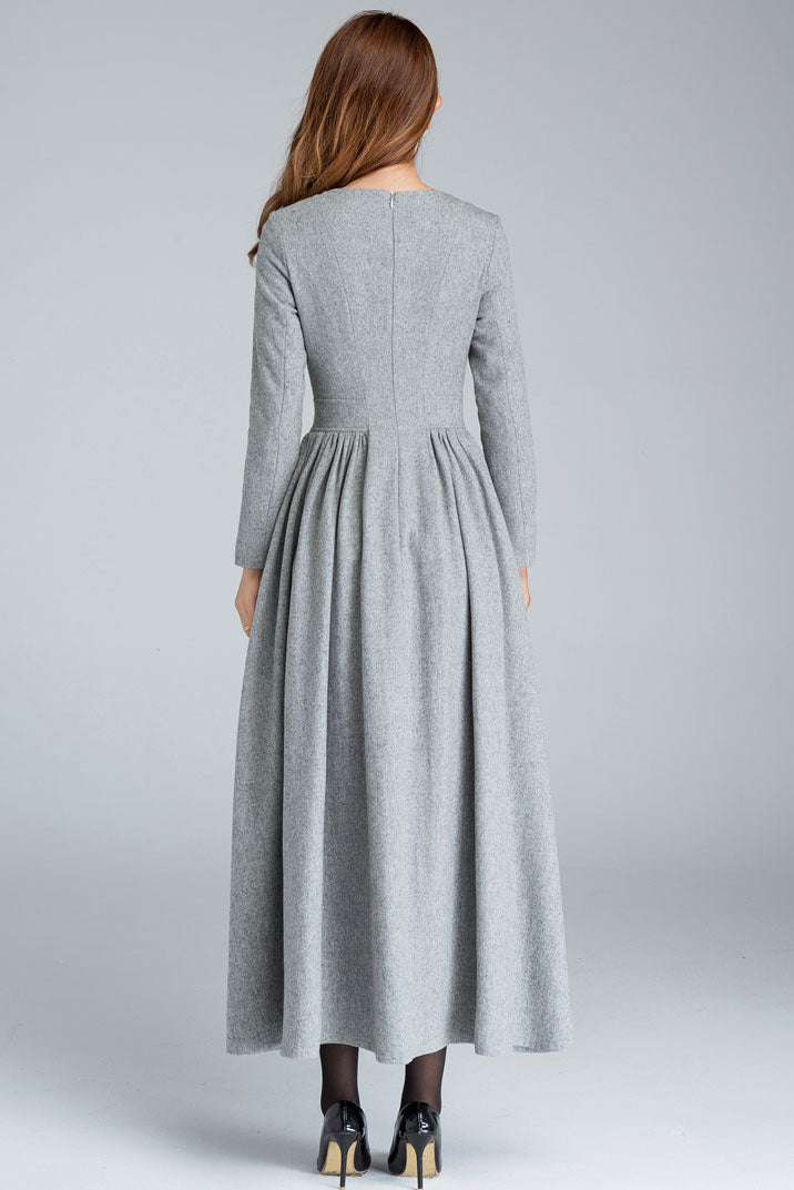 Grey pleated long wool dress 1617