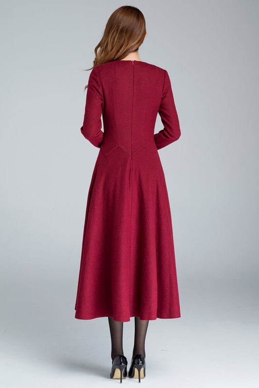 Red Wool Midi Dress - A-Line Silhouette with Long Sleeves 1618