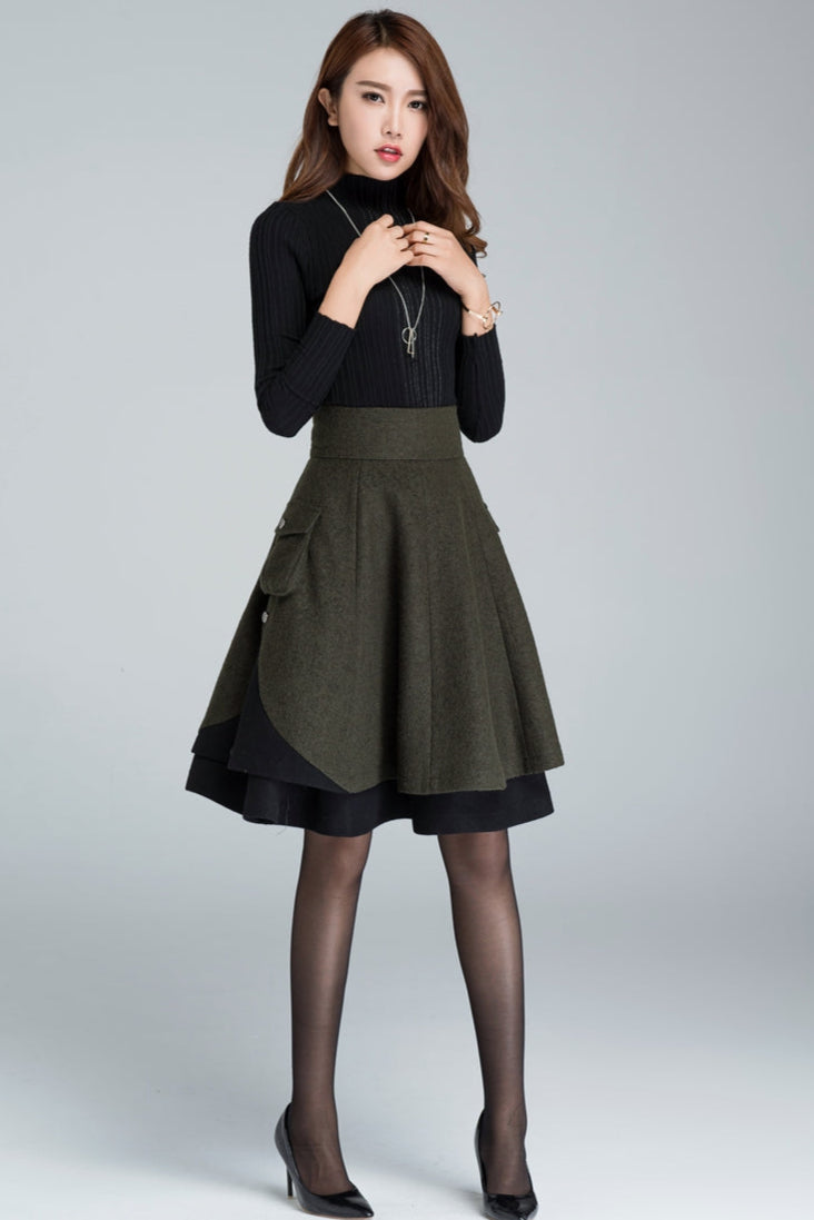 Vintage Green Wool Skater Skirt High Waist Winter Short Skirt with Pockets 1627 Black / S Vintage Green Wool Skater Skirt High Waist Winter Short Skirt with Pockets 1627 Black / S