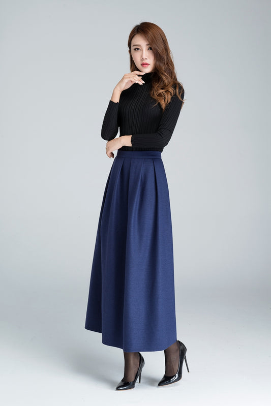 Handmade Navy Blue Wool Maxi Skirt – Elegant A-Line Winter Skirt | Xiaolizi 1629