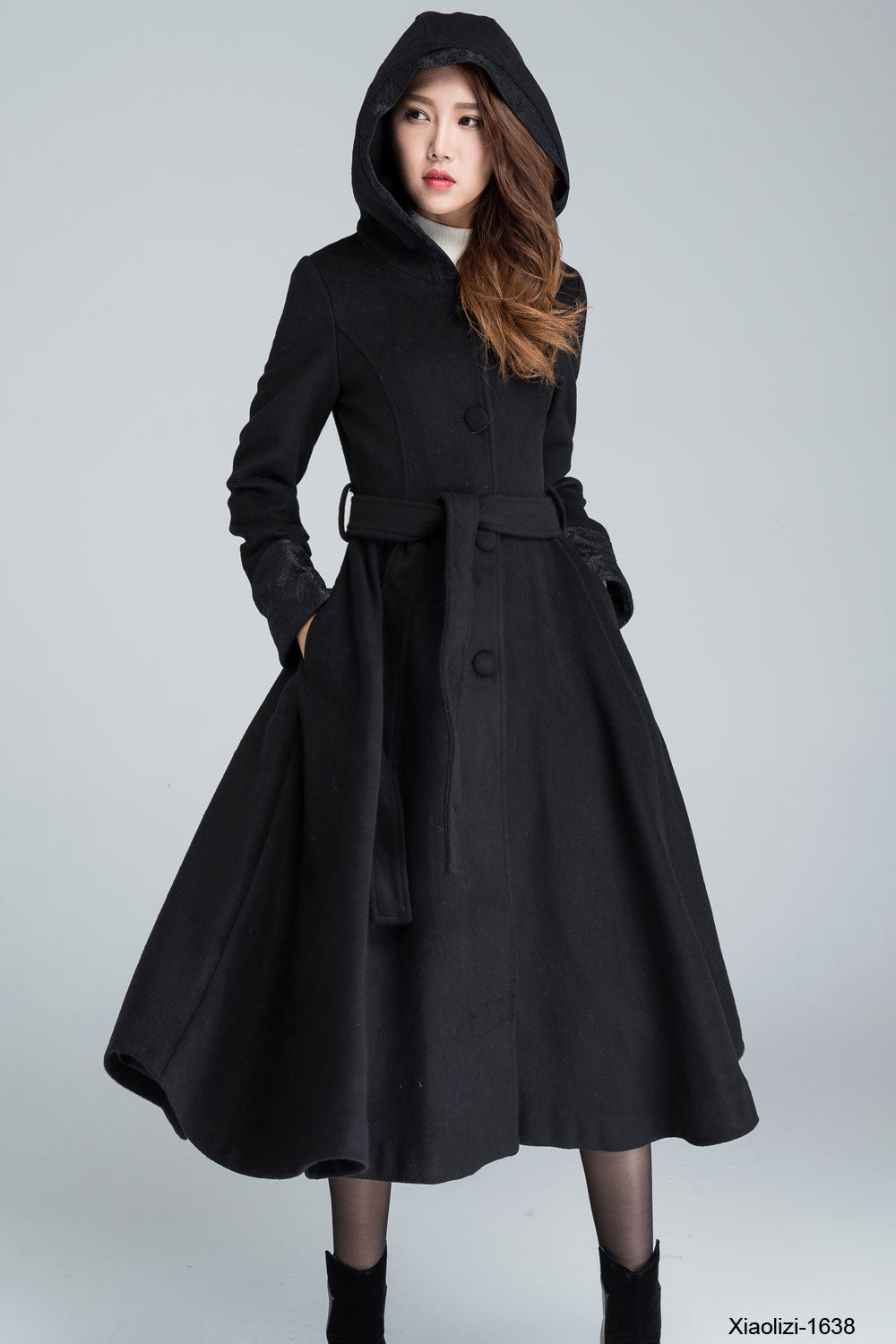 womens black long wool trench coat for winter with hood 1638