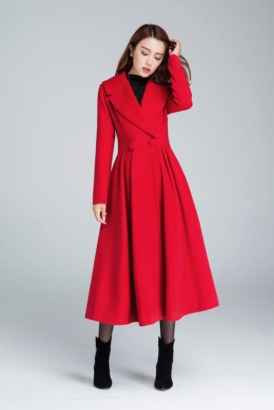 Vintage Red Wool Blend Coat – Princess Pleated Long Winter Overcoat | Xiaolizi 1640