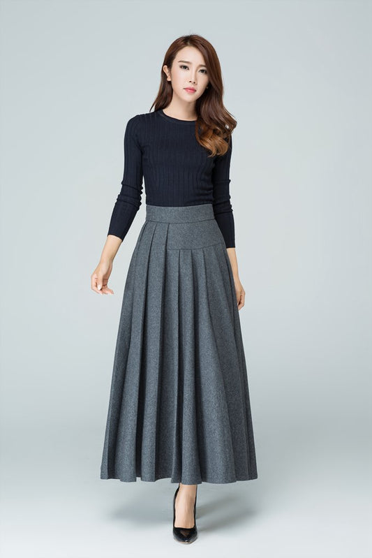 Grey Wool Blend Maxi Skirt – Handmade High Waist Pleated Winter Elegance 1587