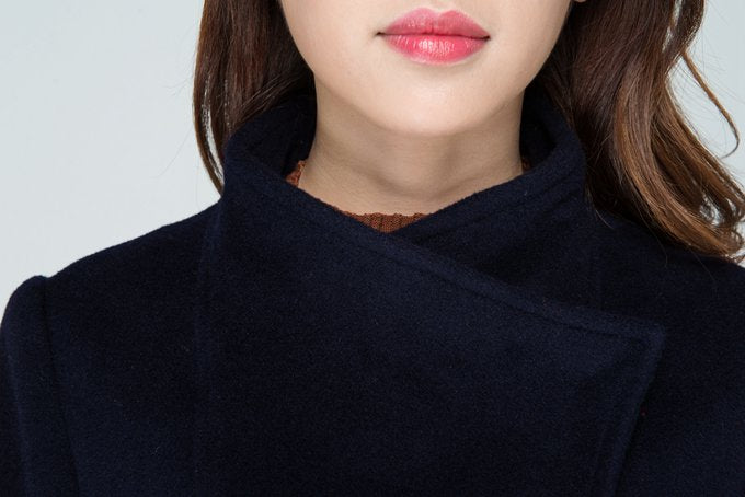 Classic Navy Wool Blend Coat – High Collar & Flowing Midi Silhouette 1605