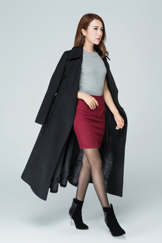 Wool long women high waist coat with two pockets on the both side 1607