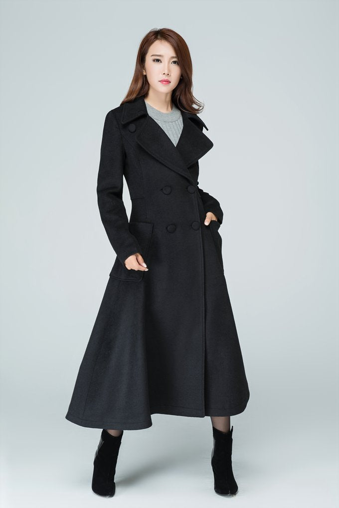 Wool long women high waist coat with two pockets on the both side 1607