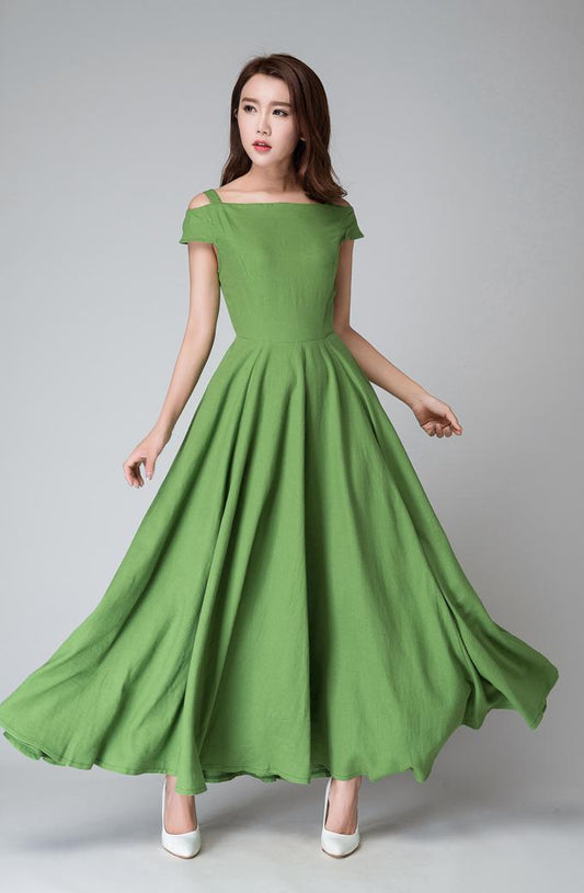 Green Linen Cotton Blend Maxi Dress - Cut-Out Neckline, Cold Shoulder 1531