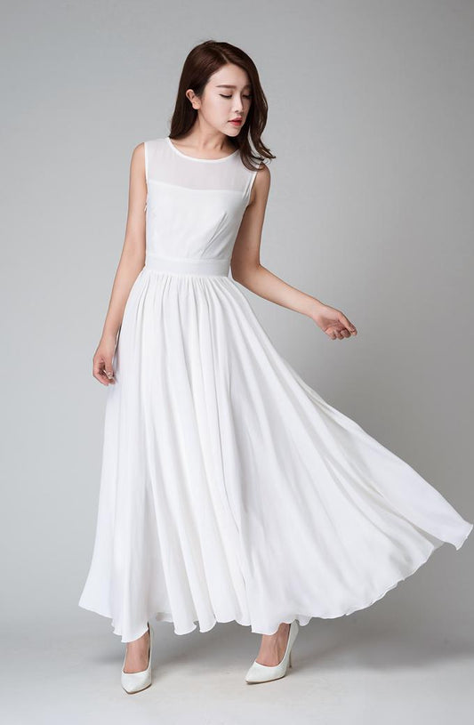White sleeveless fit and flare maxi dress 1535#