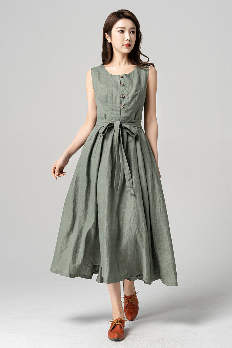 Feminine Sleeveless Green Linen Dress A-Line Waist Tie Detail 4182 Xiaolizi Feminine Sleeveless Green Linen Dress A-Line Waist Tie Detail 4182 Xiaolizi