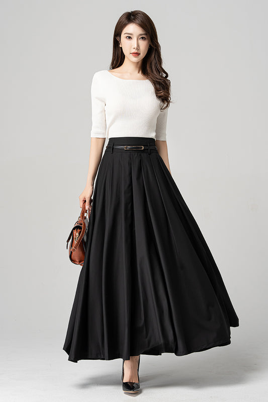 Black Polyester Pleated Maxi Skirt - Flowy Ankle Length 4189