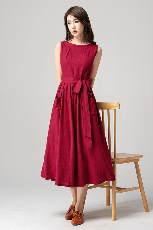 Red Sleeveless Midi Linen Dress 4190 - Size XS #CK2300222