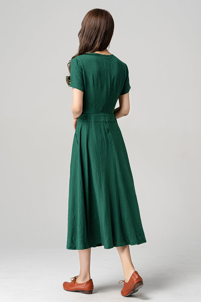 Vintage 1950s Green Linen Midi Dress 4191