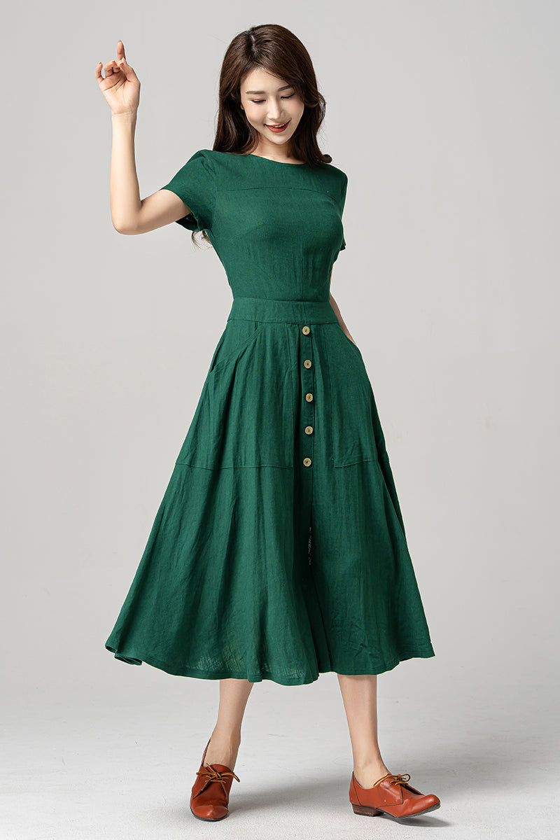 Vintage 1950s Green Linen Midi Dress 4191 Vintage 1950s Green Linen Midi Dress 4191