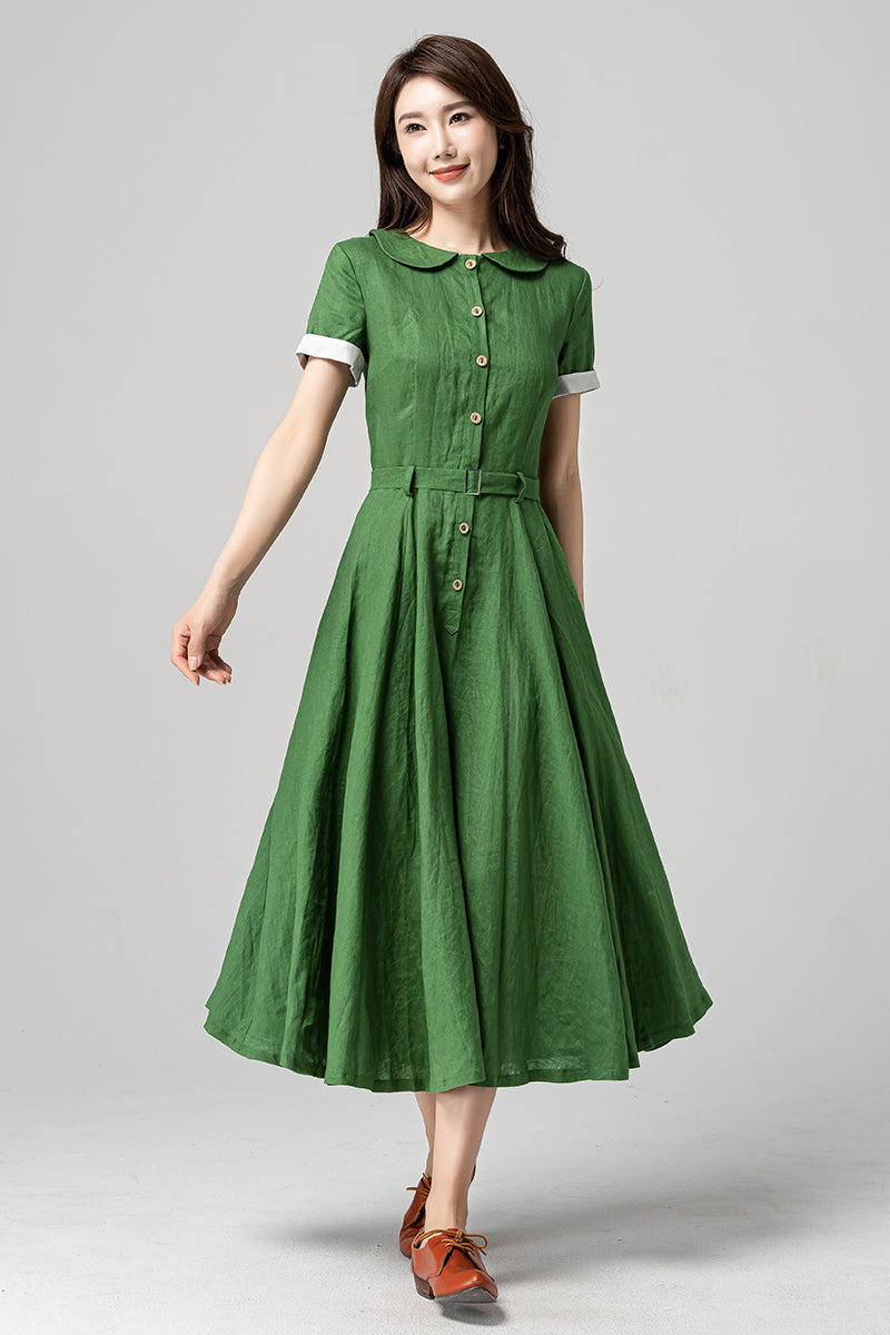 Green Swing Midi Linen Dress 4192 Xiaolizi Green Swing Midi Linen Dress 4192 Xiaolizi